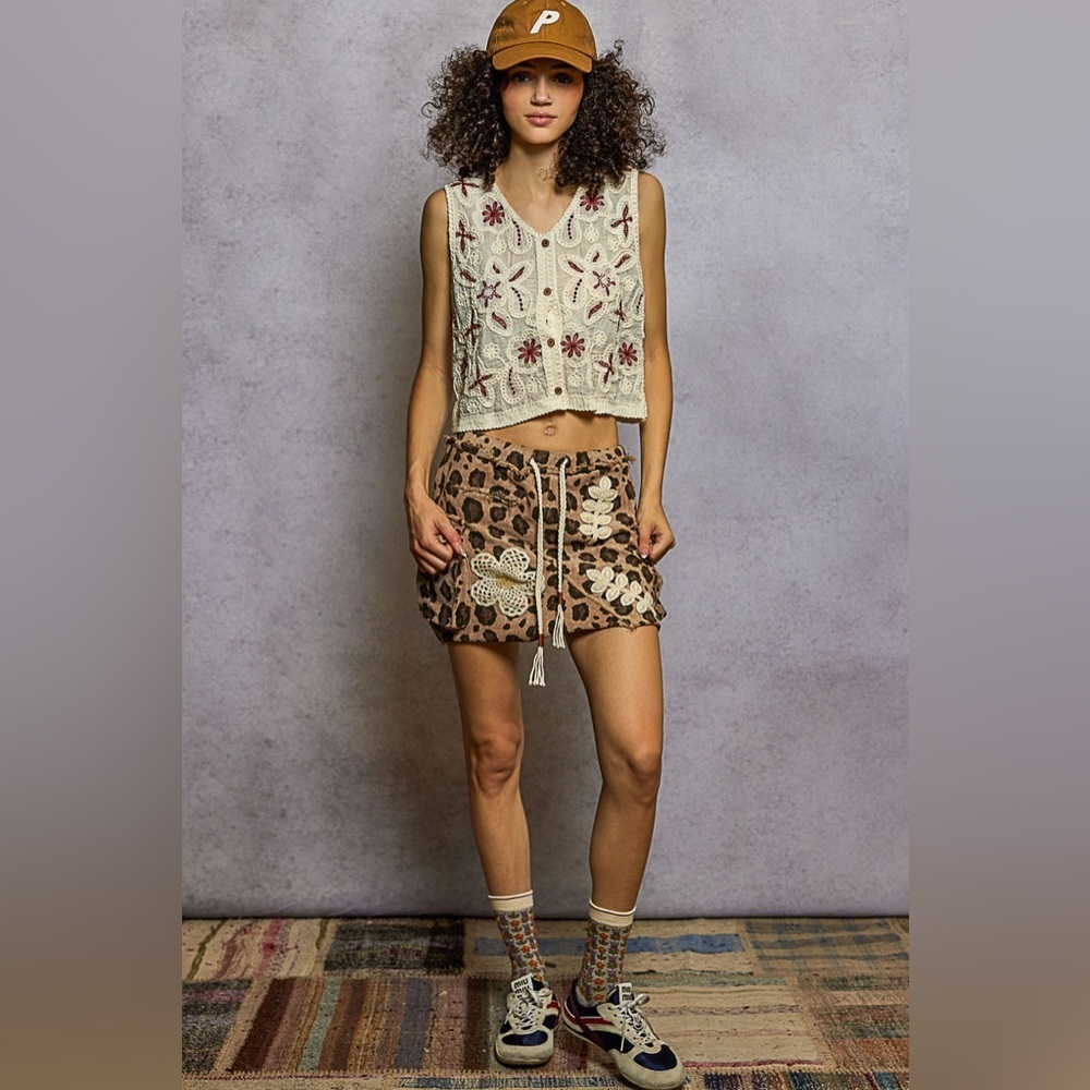 POL " Leopard Cutie " Cotton Mini Skirt With Cargo Pockets + Patchwork Sand S - Picture 7 of 7